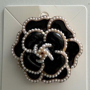 Boutique Black Enamel and Faux Pearl Camellia Flower Brooch